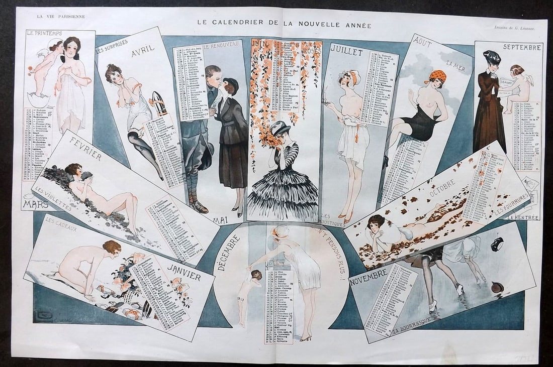 La Vie Parisienne 1917 Art Deco Double Print. La Calendrier de la Nouvelle Annee: Antique Lithograph Published 1917, Paris for "La Vie Parisienne" Illustrated by Lissac, Barbier, Vallet, Valee, Prejelan, Herouard, Fournier, Kuhn-Regnier, Georges Leonnec and others. Verso text, but 