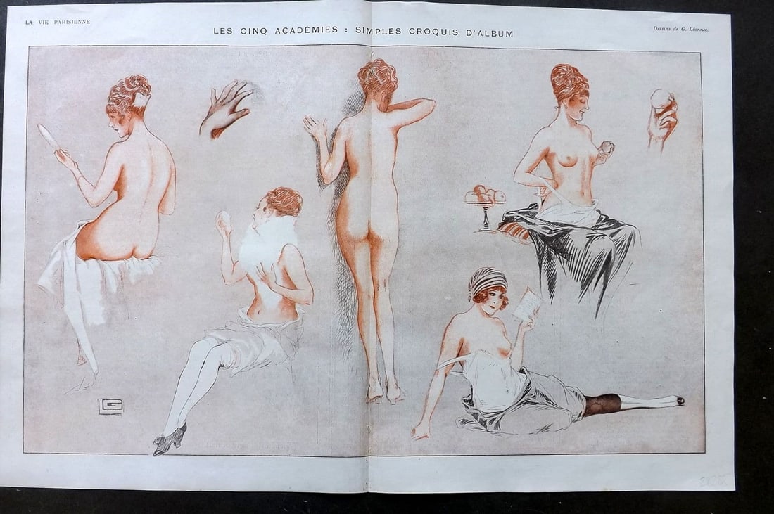 La Vie Parisienne 1917 Art Deco Double Print. Les Cinq Academies by Leonnec: Antique Lithograph Published 1917, Paris for "La Vie Parisienne" Illustrated by Lissac, Barbier, Vallet, Valee, Prejelan, Herouard, Fournier, Kuhn-Regnier, Georges Leonnec and others. Verso text, but 