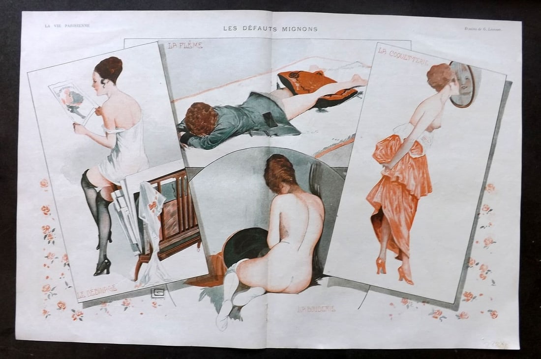 La Vie Parisienne 1917 Art Deco Double Print. Les Defauts Mignons by Leonnec: Antique Lithograph Published 1917, Paris for "La Vie Parisienne" Illustrated by Lissac, Barbier, Vallet, Valee, Prejelan, Herouard, Fournier, Kuhn-Regnier, Georges Leonnec and others. Verso text, but 