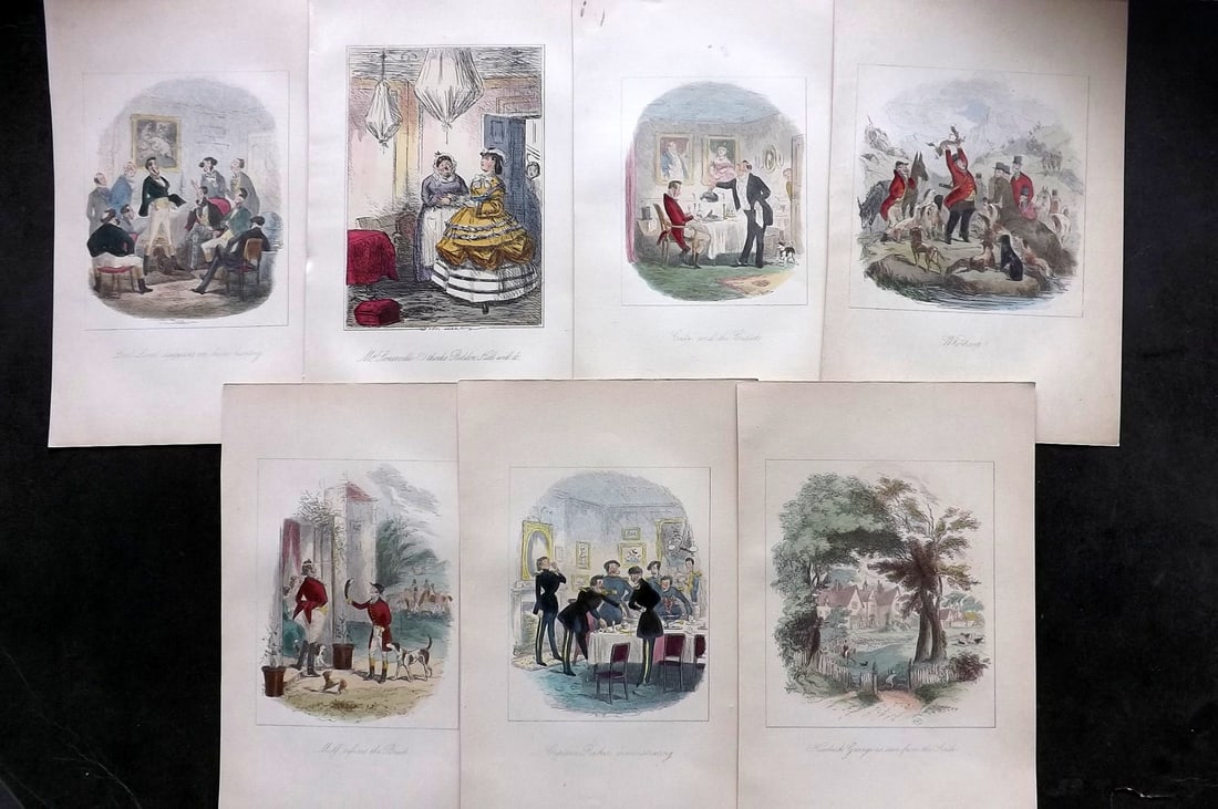 Leech, John C1860 Lot of 7 Hand Col Sporting Satire Prints. Jorrocks: Hand Colored Etchings Published C1860, London for "Mr. Sponge's Sporting Tour" "Ask Mamma" "Mr Facey Romford's Hounds" and other Jorrocks Sporting Tours by Robert Smith Surtees. Illustrated by John Le
