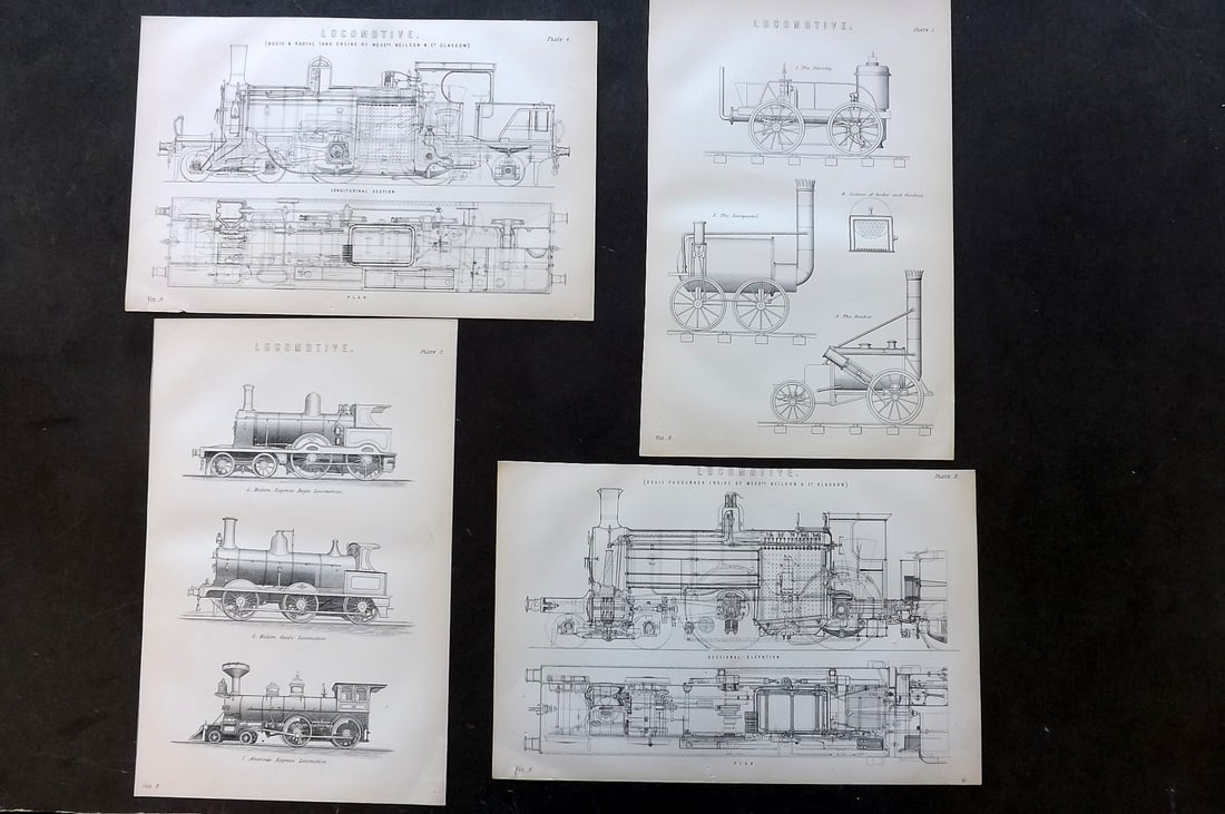 National Encyclopedia 1891 Lot of 4 Prints. Locomotives Trains: Lithograph/Woodblock Published 1891-1901 by William Mackenzie, London for "The National Encyclopedia: A dictionary of Universal Knowledge" Paper Size: 9.5 x 6 inch (24 x 15cm) Good Condition