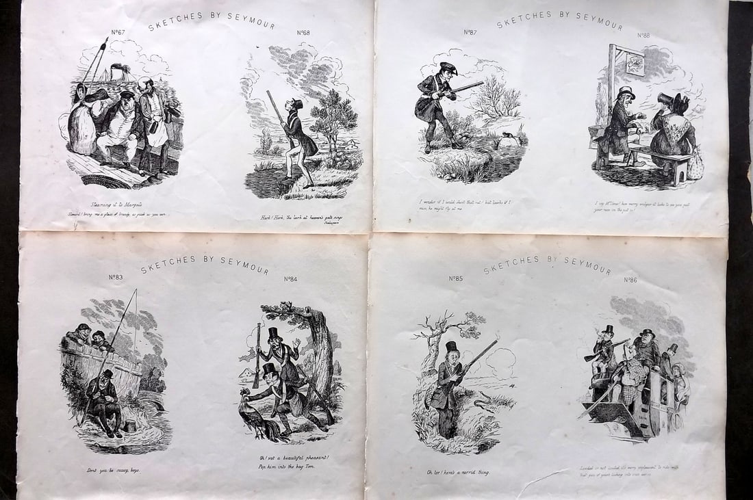 Seymour, Robert C1870 Lot of 4 Folio Satire Sporting Prints: Folio Lithograph Published C1870, London for "Seymour's Sketches. The Book of Cockney Sports, Whims and Oddities" Illustrated by Robert Seymour.Paper Size: 12.5 x 9.5 inch (32 x 24cm) A couple of smal