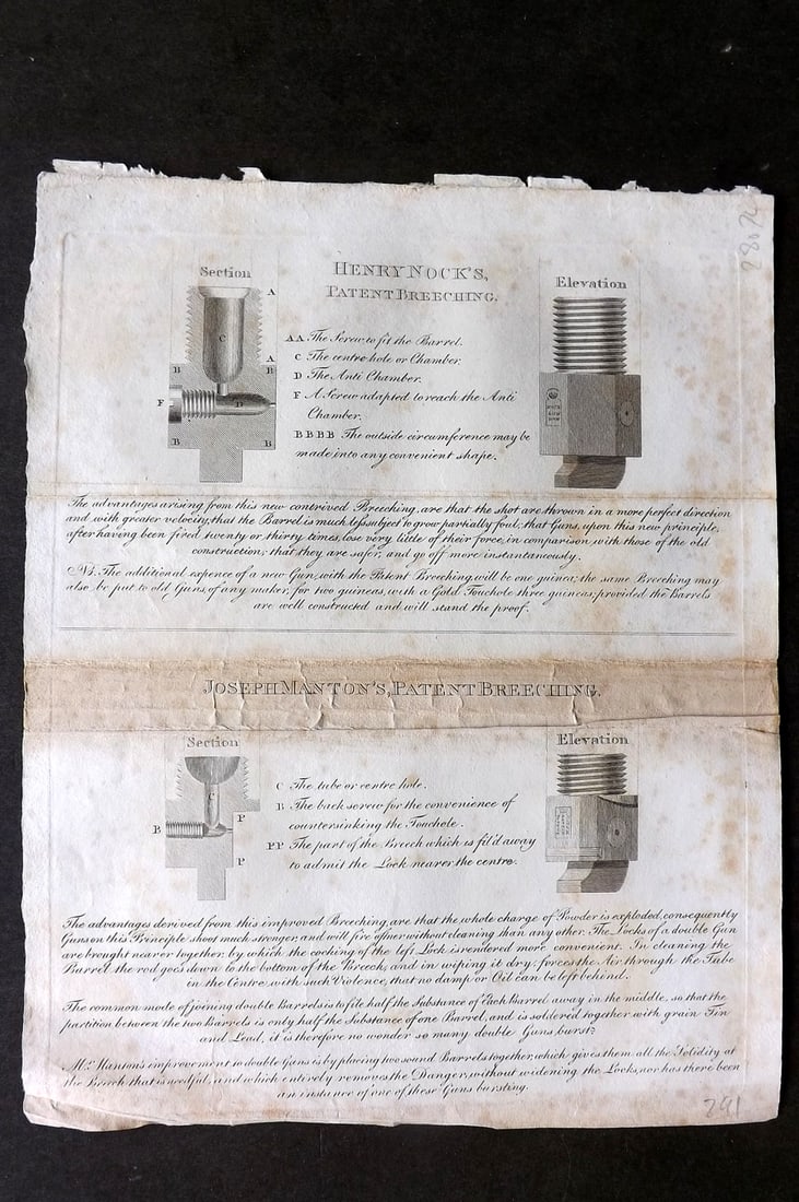 Daniel, William 1801 Print. Henry Nock & Joseph Manton's Patent Breeching. Guns: Copper Plate Published 1801-02, London for "Rural Sports" First Edition by William Daniel. Folds as issued. Paper Size: 11 x 9 inch (28 x 23cm) Very minor background toning. Good Condition