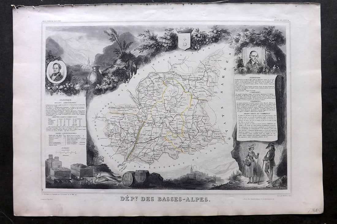 Levasseur, Victor 1852 Antique Map. Dept Des Basses-Alpes, France: Antique Steel Engraved Map Published 1852, Paris for "Atlas National Illustre" by Victor Levasseur. Paper Size: 21 x 14 inch (53 x 35cm). Good Condition.