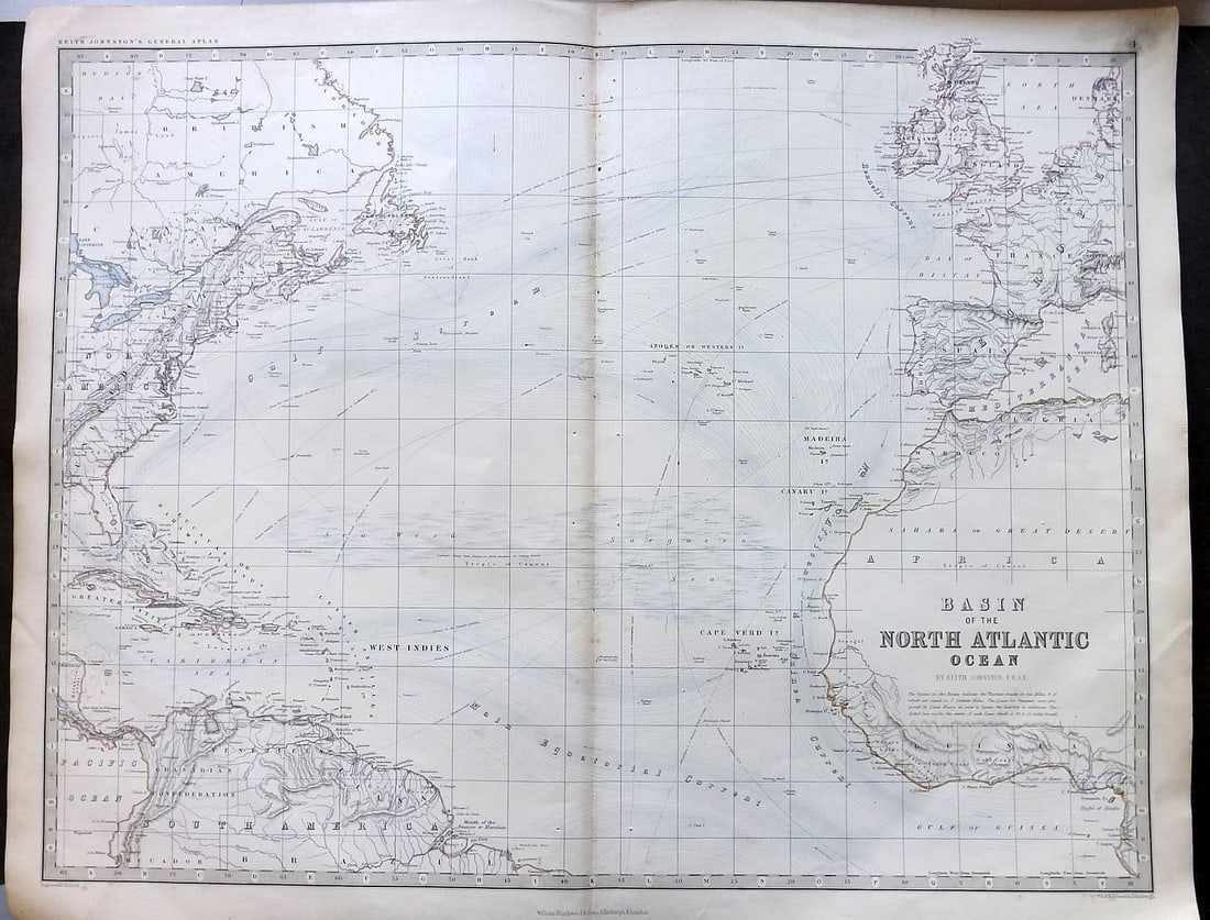 Johnston, Alexander 1861 Large Antique Map. Basin of the North Atlantic Ocean: Antique Large Folio Steel Engraved Map Published 1861, Edinburgh & London for "The Royal Atlas of Modern Geography" by Alexander Keith Johnston. Centre Fold as published. Paper Size: 24 x 19.5 inch (6