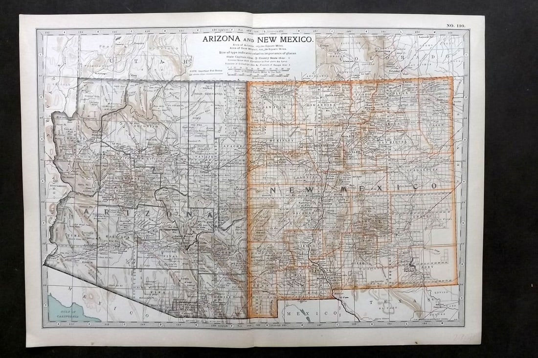 Black (Pub) 1903 Antique Map. Arizona and New Mexico: Antique Lithograph Map Published 1903, by Adam & Charles Black, Edinburgh & London for "The New Volumes of The Encylopaedia Britannica" Centre fold as published. Paper Size: 16 x 11.5 inch (41 x 29cm)