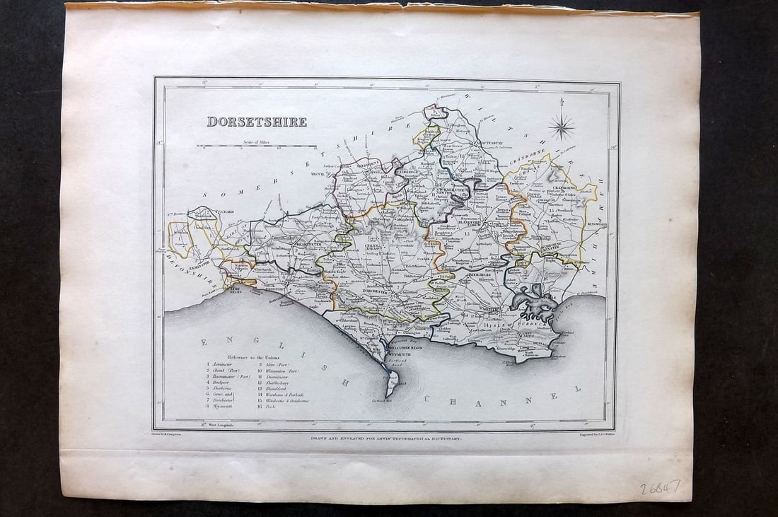 Lewis (Pub) 1842 British County Map. Dorsetshire: Antique Steel Engraved Map with outline Hand Colour Published 1842 by Samuel Lewis, London for "An Atlas, Comprising Maps of the Several Counties, Divided into Unions.." Drawn by Robert Creighton and 