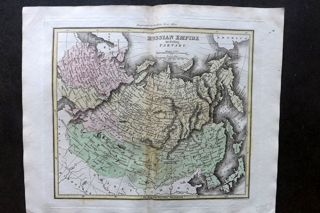 Thomson & Walker 1820 Hand Col Map. Russian Empire including Tartary: Antique Copper Engraved Map Published 1820, London for "Walker's Universal Atlas" Maps Drawn and Engraved by John Thomson. Fine hand colour as issued. Centre fold as published. Paper Size: 10.5 x 8.5 