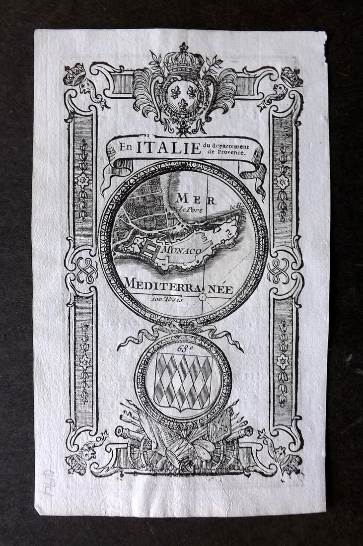 Jaisse, Lemau de la 1736 Decorative Map of Monaco, France French Riviera: Woodcut Map Published 1736, Paris for "Plans des Principales Places de Guerre et Villes Maritimes Frontieres du Royaume de France" by Lemau de la Jaisse. Text to reverse side. Paper Size: 6 x 4 inch (