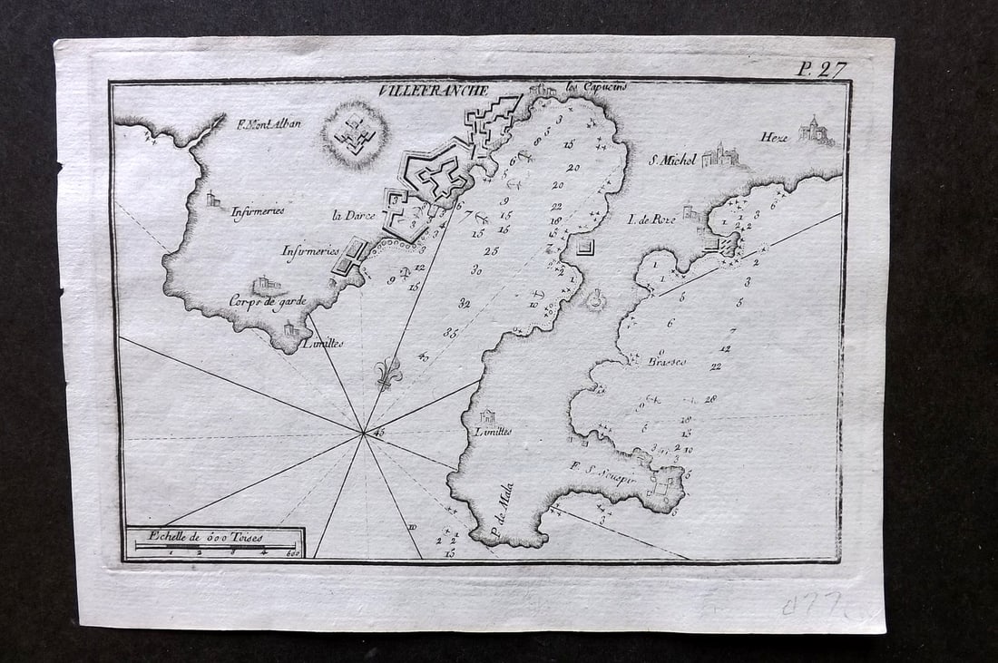 Roux, Joseph 1764 Antique Map. Villefranche-sur-Mer, France French Riviera: "Plan de la Baye de Calvi" Hand Coloured Copper Engraved Map Published C1790, Paris for "Recueil Des Principaux Plans des Ports et Rades de la Mer Mediterranee" by Joseph Roux. Paper Size: 9 x 6.5 inc