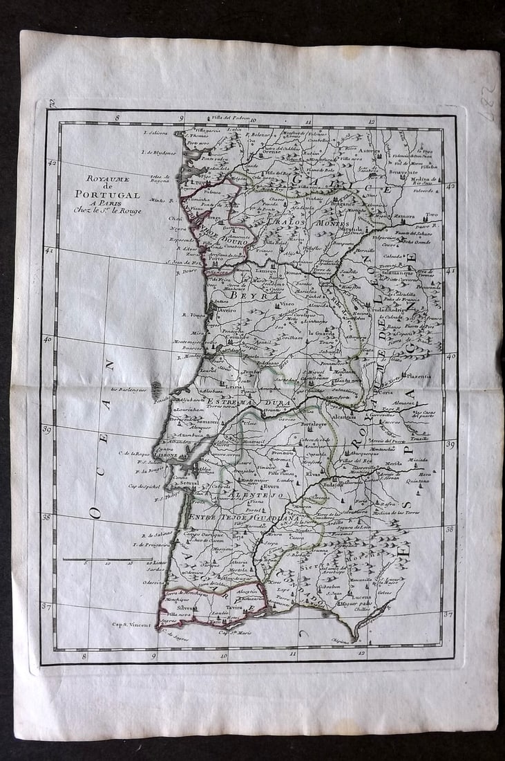 Le Rouge, George Louis 1756 Hand Col Map. Portugal: "Royaume de Portugal" Copper Engraved Map Published 1756, Paris for "Atlas Nouveau Portatif..." by George Louis Le Rouge. Centre fold as published. Paper Size: 13.5 x 9.5 inch (34 x 24cm) Good Conditi