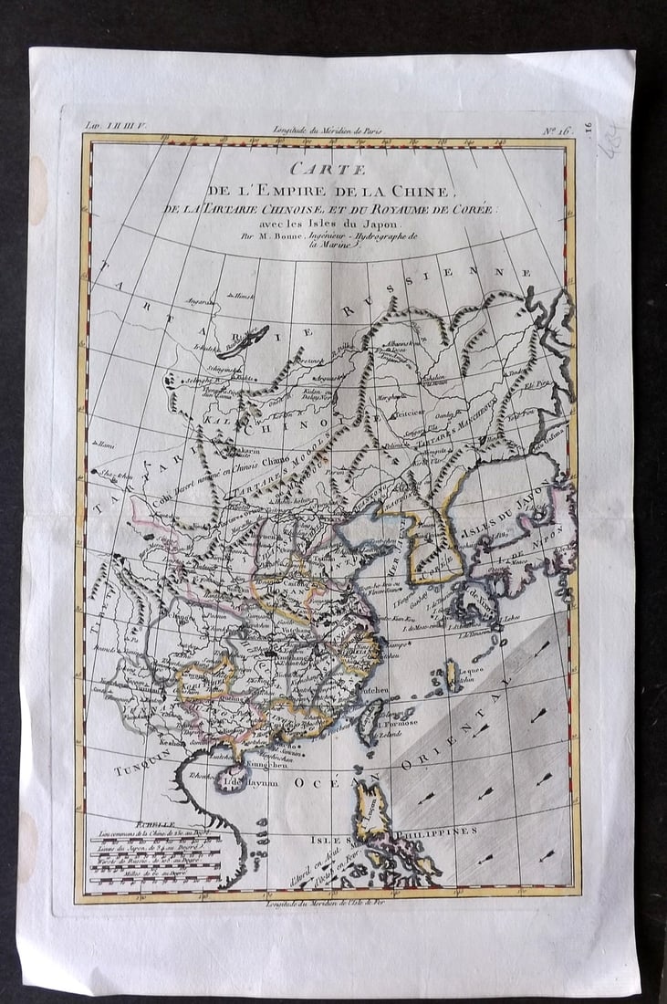 Bonne, Rigobert 1783 Hand Col Map. Empire of China & Korea: "Carte de L'Empire de la Chine, de la Tartarie Chinoise et du Royaume de Coree" Hand Colored Copper Engraved Map Published 1783, Paris for "Atlas de Toutes les Parties Connues du Globe Terrestre" by R