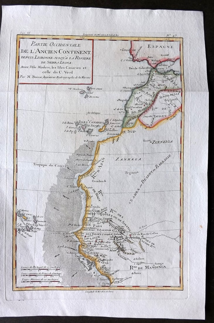 Bonne, Rigobert 1783 Hand Col Map. North West Africa. Sierra Leone, Spain etc (1 of 2)