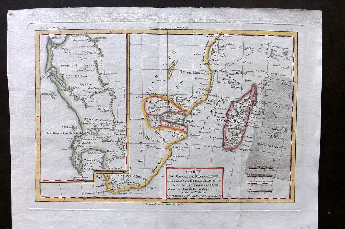 Bonne, Rigobert 1783 Hand Col Map. South Africa, Mozambique, Madagascar (1 of 2)
