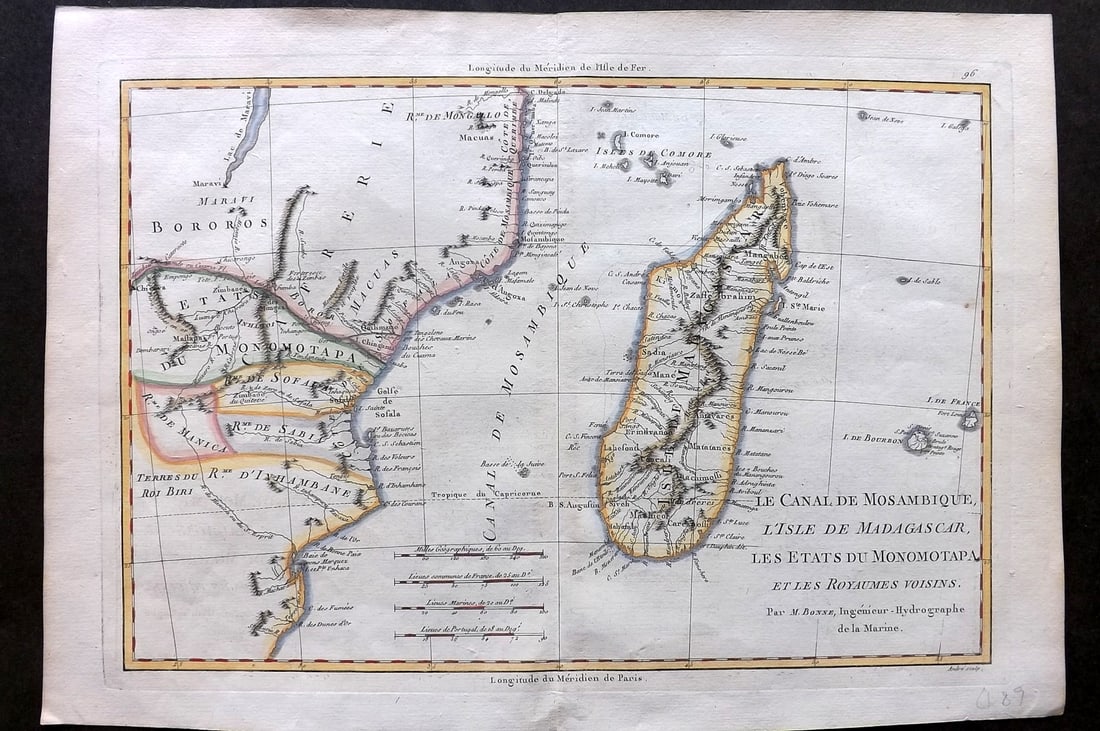 Bonne, Rigobert 1788 Hand Col Map. Madagascar, Mozambique, Africa (1 of 2)