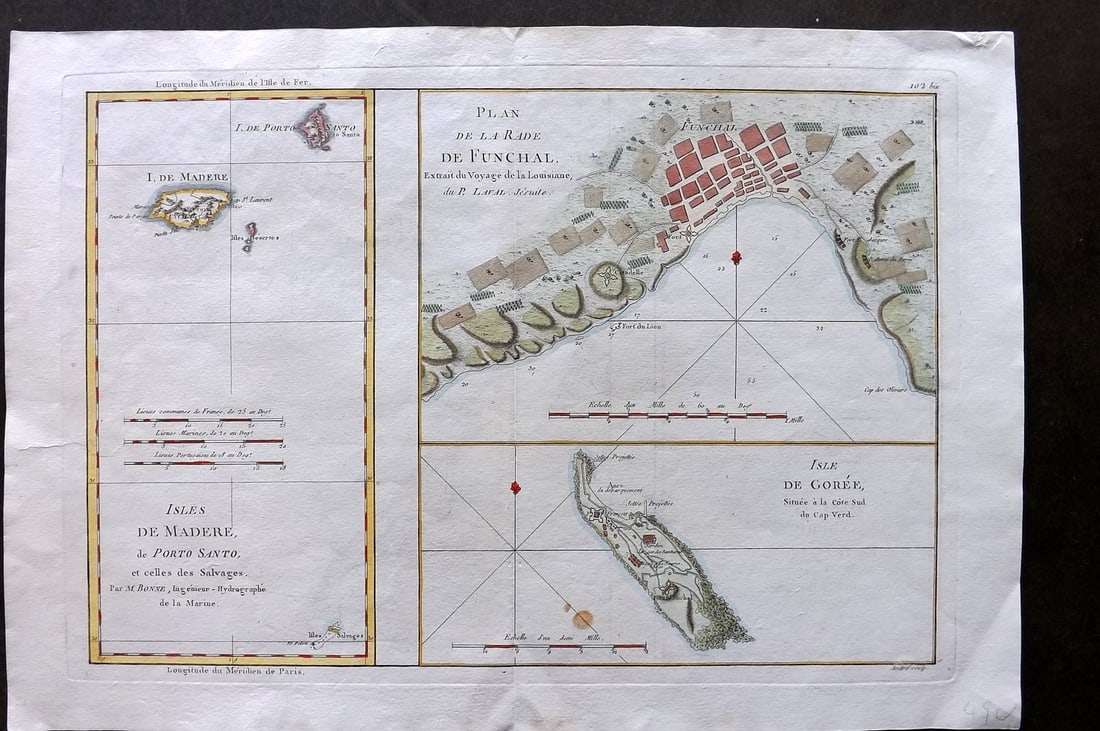 Bonne, Rigobert 1788 Hand Col Map. Funchal Madeira Portugal (1 of 2)