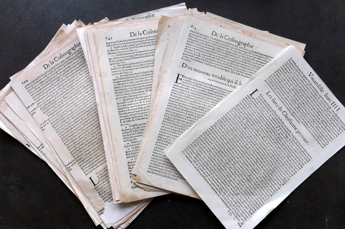 Munster, Sebastian C1550-85 Lot of 40 Text Sheets (80pp) from the Cosmographia: Text Sheets in German and French. No illustrations/woodcuts. Published C1550-85, Basel for the "Cosmographia" by Sebastian Munster. Printed both sides. Paper Size: 12 x 8 inch (30 x 20cm) Approx. Toni