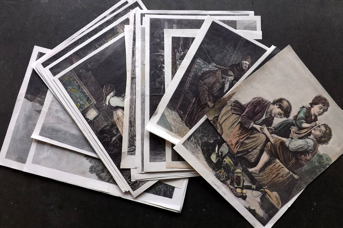 Classical, Genre, Views, Portraits 19th Cent. Lot of 37 Hand Col Prints: Hand Colored Wood Engraving with text on the reverse and trimmed from larger sheets. Mostly from l'Illustration. Paper Size: Up to 12.5 x 8 inch (32 x 20cm) Good Condition