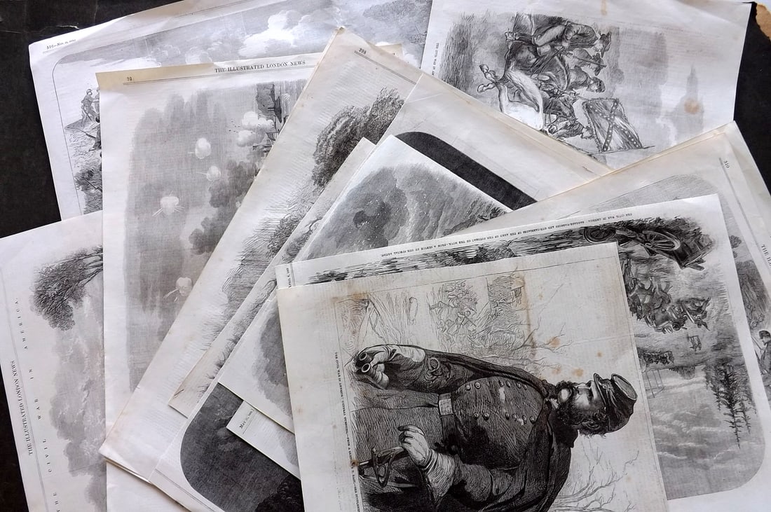 ILN 1862 Lot of 20 Sheets. American Civil War. USA: Wood Engravings with text on the reverse Published 19th Cent, London for "The Illustrated London News" Paper Size: Up to 22 x 16 inch (56 x 40cm) Good Condition