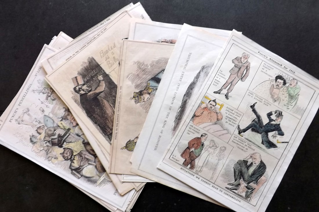 Punch C1890-C1915. Lot of 21 Hand Col Prints. Satire etc: Hand Colored Wood Engravings, most with text on the Reverse. Published C1890-C1915 for "Punch, Or The London Charivari" Paper Size: Up to 10.5 x 8 inch (27 x 20cm) Good Condition