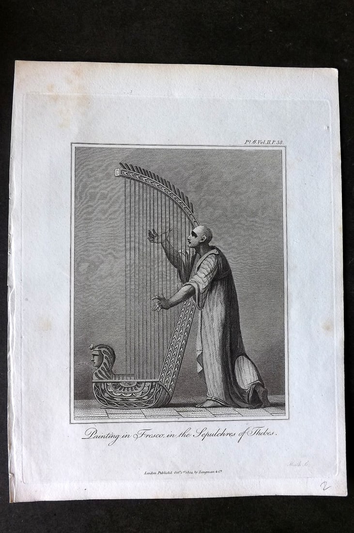 Bruce, James 1813 Print. Painting in Fresco in the Sepulchres of Thebes. Egypt Harp: Copper Plate Published 1813, Edinburgh for "Travels to discover the source of the Nile" by James Bruce. Paper Size: 12 x 9 inch (30 x 23cm) Very minor margin toning. Good Condition