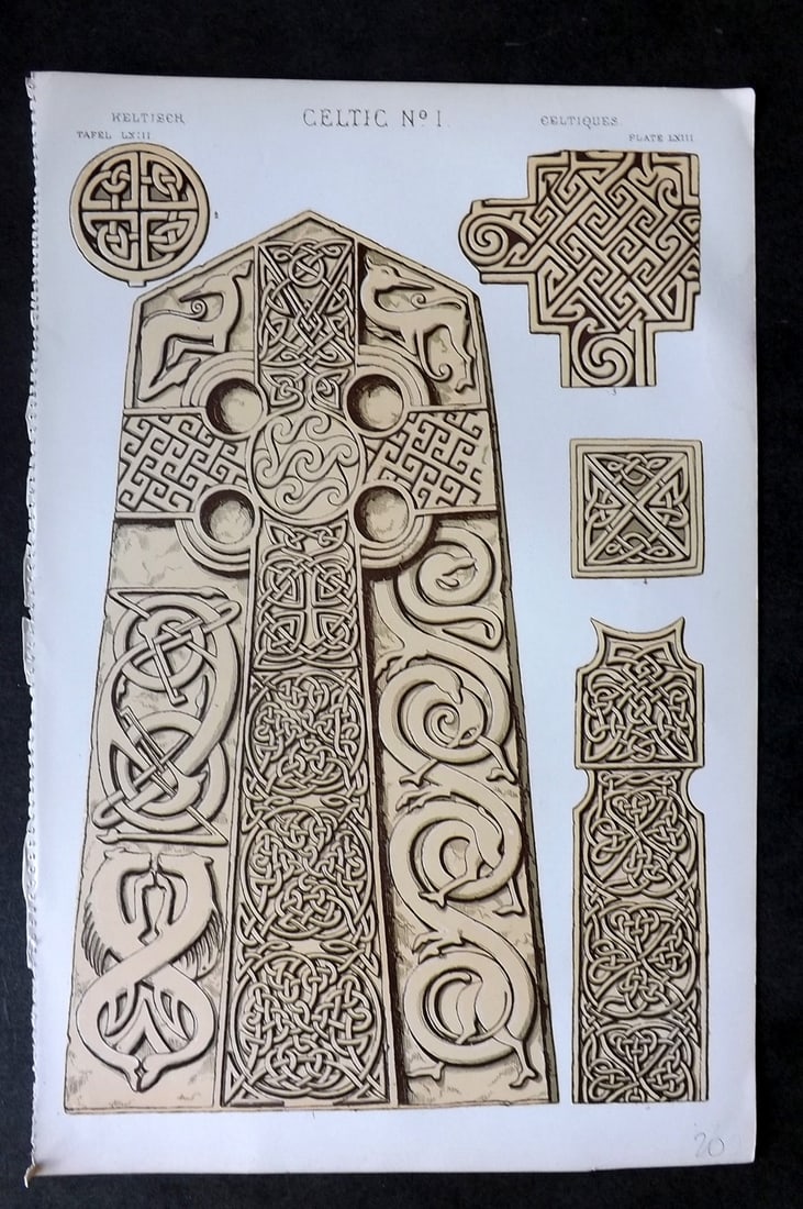 Jones, Owen 1910 Architectural Design Print. Celtic No. 1: Chromolithograph Published 1910 by Bernard Quaritch, London for "The Grammar of Ornament" by Owen Jones. Paper Size: 13 x 9 inch (33 x 23cm) Good Condition