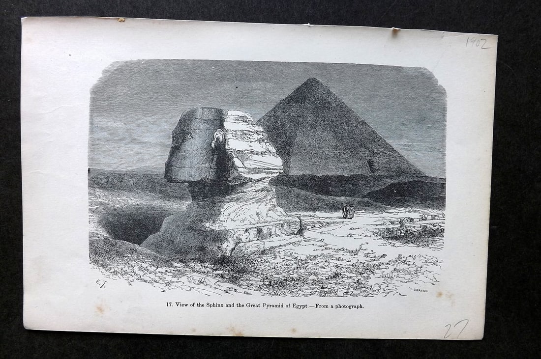 Pouchet, F. A. 1902 Print. Sphinx & Great Pyramid, Egypt: Wood Engraving (Reverse side blank) Published 1902, London for "The Universe: Or, The Infinitely Great and The Infinitely Little" by F. A. Pouchet. Paper Size: 9 x 6 inch (23 x 15cm) Good Condition