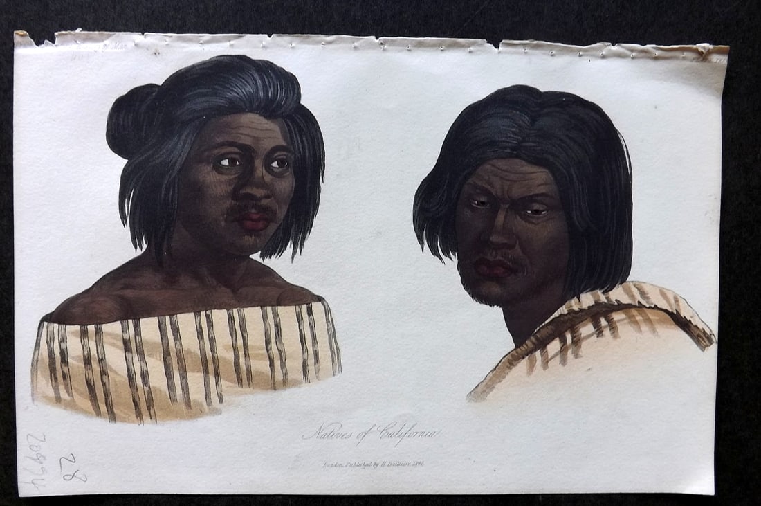 Prichard, James 1848 Hand Col Print. Natives of California. Native Americans USA 38: Hand Colored Aquatint Published 1848, London for "The Natural History of Man" by James Cowles Prichard. Fine hand colour as issued. On good quality Whatman Turkey Mill Wove Paper. Paper Size: 8.5 x 5.
