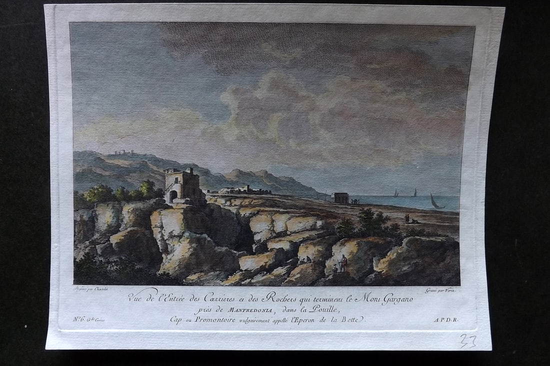 Saint-Non, Jean 1780s Hand Col Print. Manfredonia, Italy: Hand Colored Copper Plate Published 1781-86, Paris for "Voyage pittoresque ou description des Royaumes de Naples et de Sicilie" by Jean-Claude Rich. de Saint-Non. Paper Size: 10 x 7.5 inch (25 x 19cm)