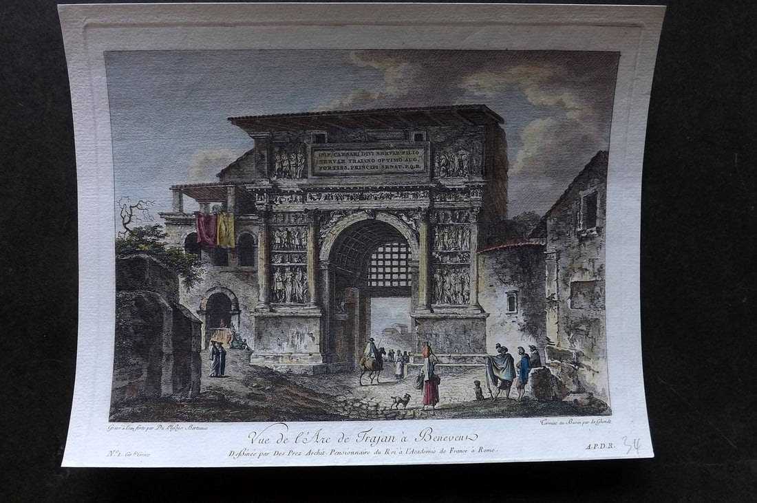 Saint-Non, Jean 1780s Hand Col Print. Arch of Trajan, Benevento, Italy: Hand Colored Copper Plate Published 1781-86, Paris for "Voyage pittoresque ou description des Royaumes de Naples et de Sicilie" by Jean-Claude Rich. de Saint-Non. Paper Size: 10 x 7.5 inch (25 x 19cm)