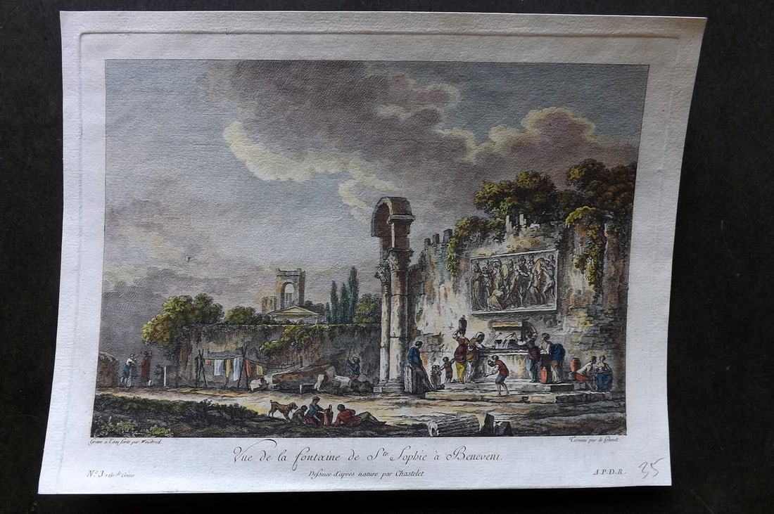 Saint-Non, Jean 1780s Hand Col Print. Fountain of Saint Sophia, Benevento, Italy: Hand Colored Copper Plate Published 1781-86, Paris for "Voyage pittoresque ou description des Royaumes de Naples et de Sicilie" by Jean-Claude Rich. de Saint-Non. Paper Size: 10.5 x 7.5 inch (27 x 19c