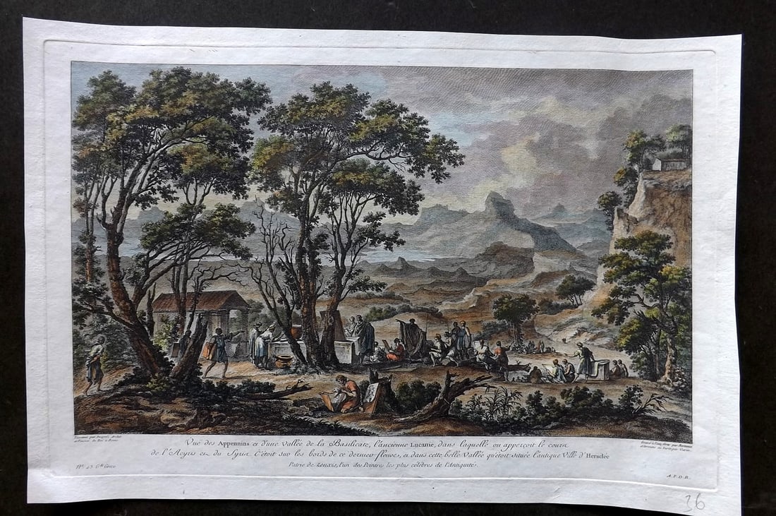 Saint-Non, Jean 1780s Folio Hand Col Print. Apennines Mountain & Valley, Lucania, Italy: Hand Colored Copper Plate Published 1781-86, Paris for "Voyage pittoresque ou description des Royaumes de Naples et de Sicilie" by Jean-Claude Rich. de Saint-Non. Paper Size: 15 x 10 inch (38 x 26cm)