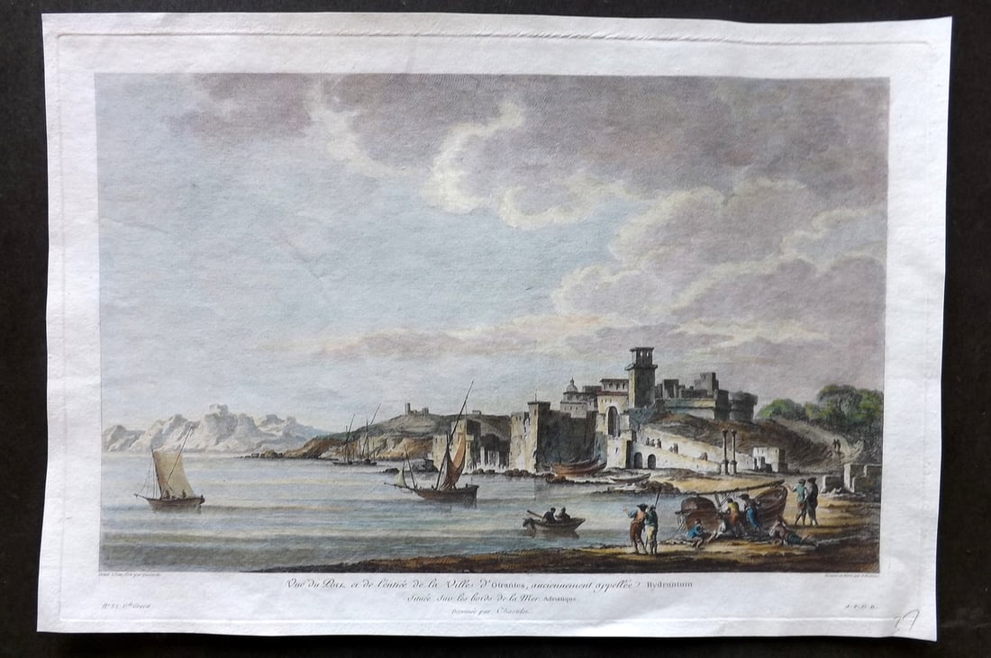Saint-Non, Jean 1780s Folio Hand Col Print. Forstress Otranto, Italy: Hand Colored Copper Plate Published 1781-86, Paris for "Voyage pittoresque ou description des Royaumes de Naples et de Sicilie" by Jean-Claude Rich. de Saint-Non. Paper Size: 15 x 10 inch (38 x 26cm)