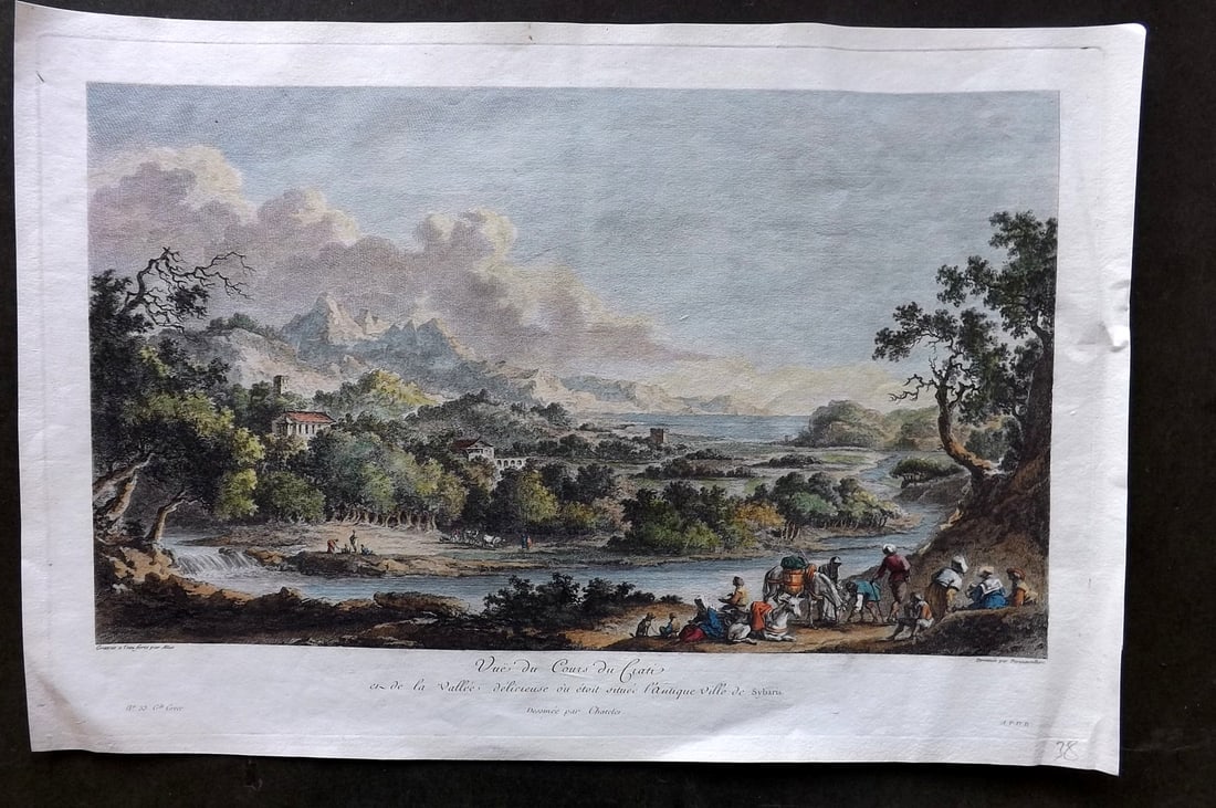 Saint-Non, Jean 1780s Folio Hand Col Print. Crati River & Sybaris, Italy: Hand Colored Copper Plate Published 1781-86, Paris for "Voyage pittoresque ou description des Royaumes de Naples et de Sicilie" by Jean-Claude Rich. de Saint-Non. Paper Size: 17 x 10.5 inch (43 x 27cm