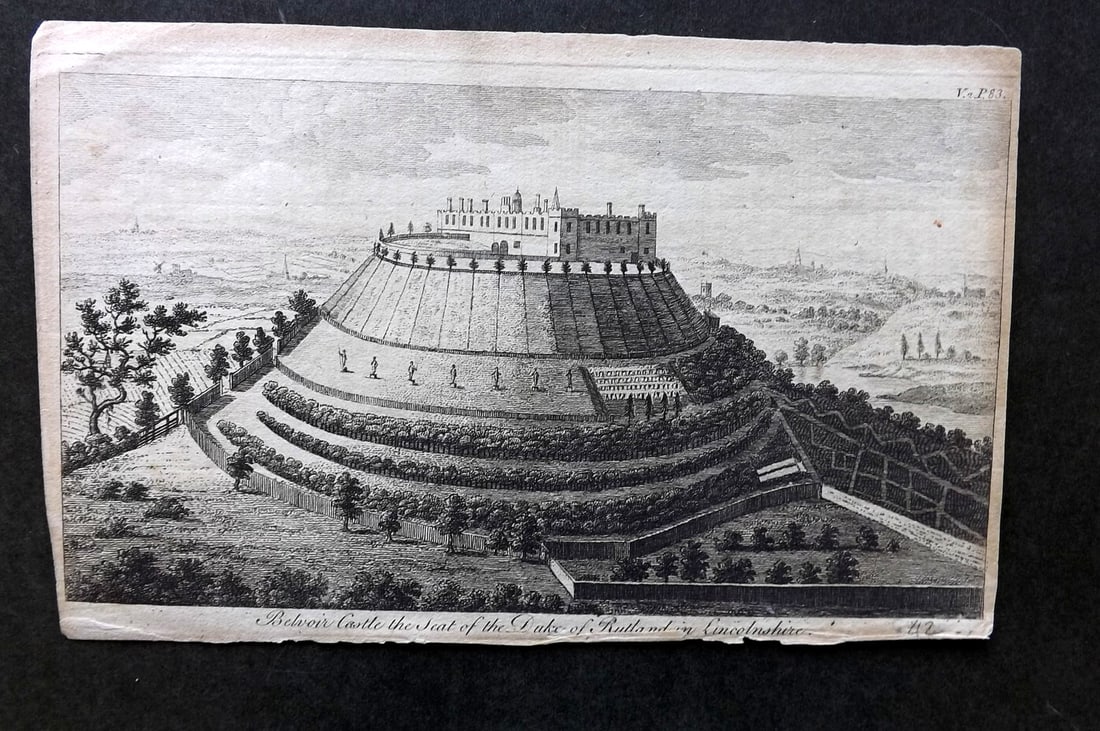 UK 1777 Antique Print. Belvoir Castle, Lincolnshire: Antique Copper Published 1776-77, London for "A New Display of the Beauties of England" Paper Size: 8 x 5 inch (21 x 13cm) Good Condition