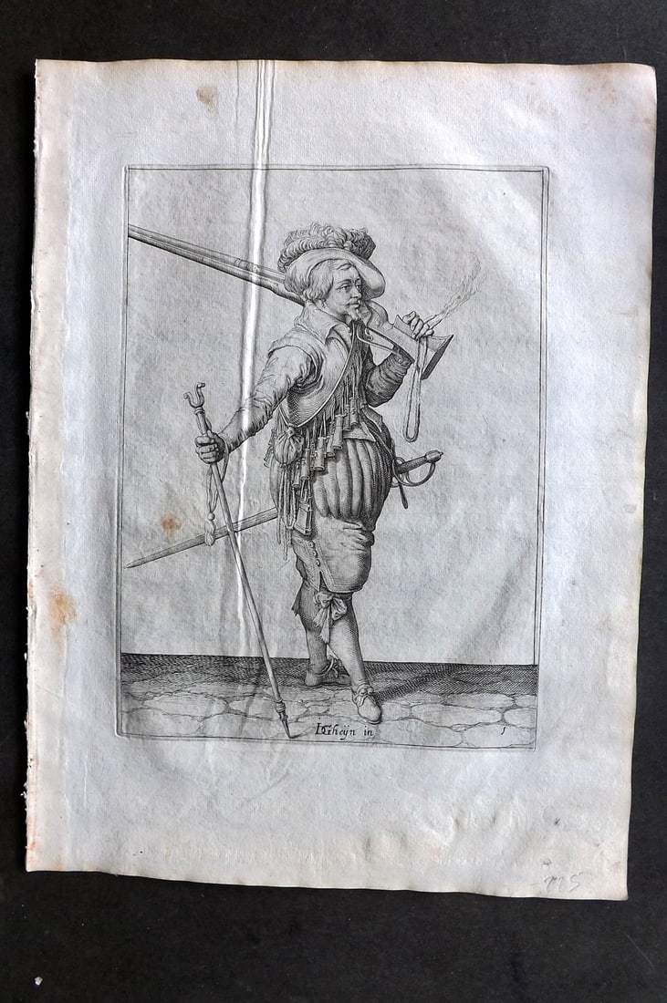 Gheyn, Jacob de 1608 Folio Military Print. Pikeman 01: Folio Copper Plate Published 1608, The Hague for "The Exercise of Arms, for Calivres, Muskettes and Pikes" by Jacob de Gheyn. Paper Size: 14 x 10 inch (36 x 25cm) Minor crease and a couple of tone mar