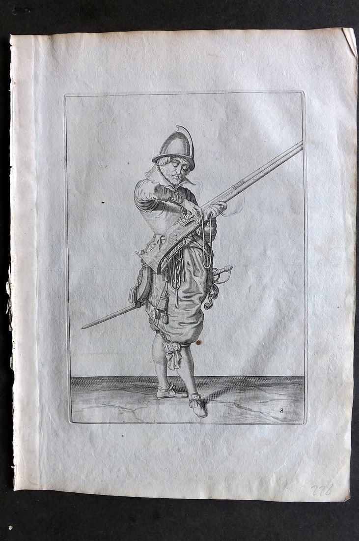 Gheyn, Jacob de 1608 Folio Military Print. Musketeer 08: Folio Copper Plate Published 1608, The Hague for "The Exercise of Arms, for Calivres, Muskettes and Pikes" by Jacob de Gheyn. Paper Size: 14 x 10 inch (36 x 25cm) Good Condition