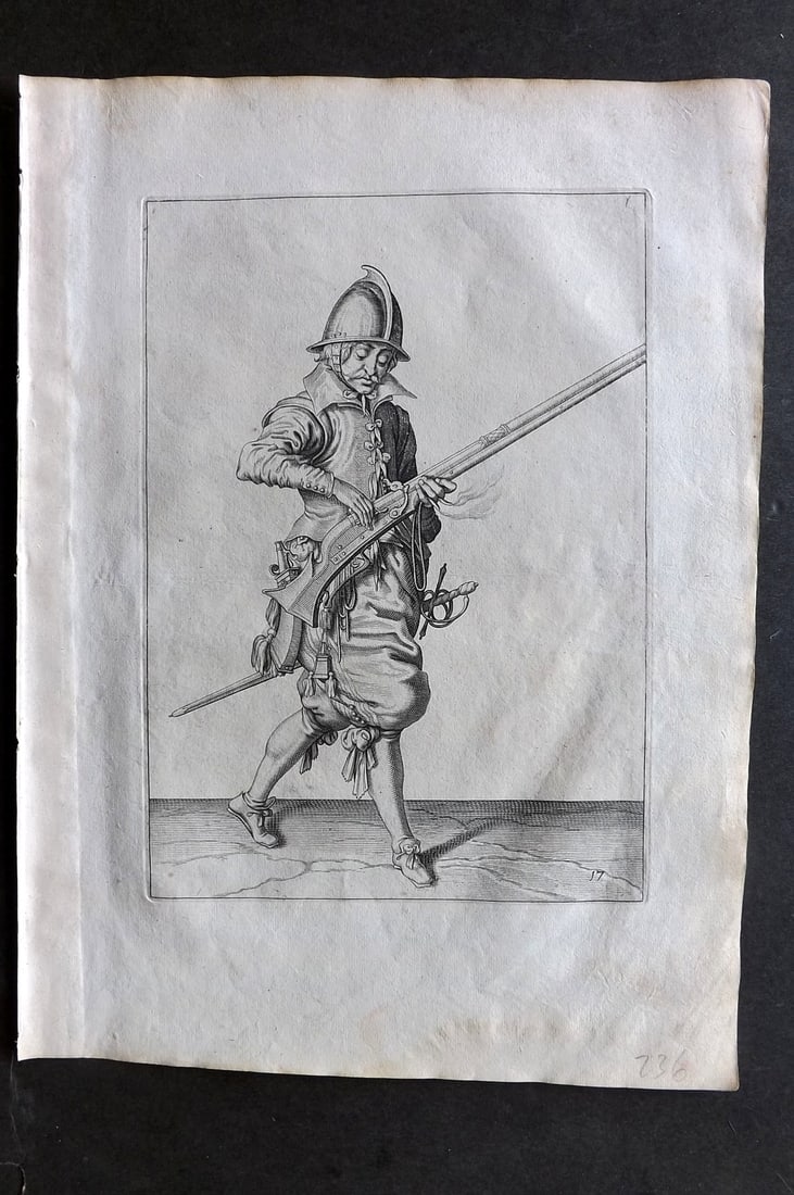 Gheyn, Jacob de 1608 Folio Military Print. Musketeer 17: Folio Copper Plate Published 1608, The Hague for "The Exercise of Arms, for Calivres, Muskettes and Pikes" by Jacob de Gheyn. Paper Size: 14 x 10 inch (36 x 25cm) Good Condition