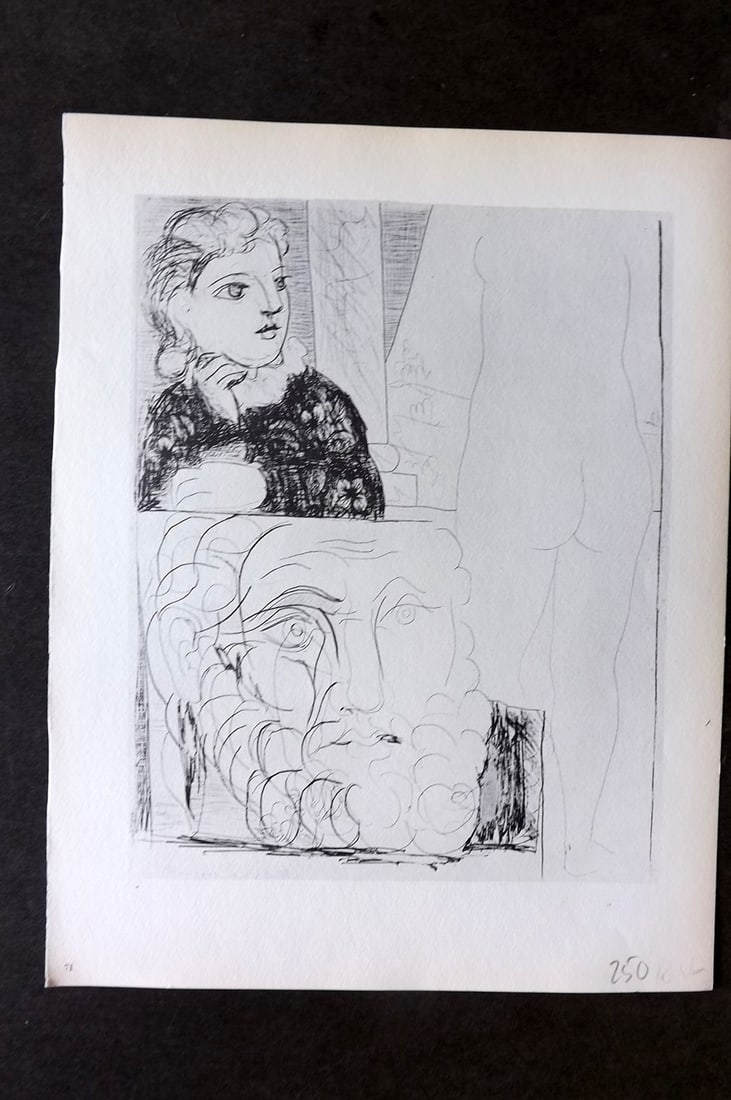 Picasso Vollard Suite 1956 Print. Young Girl with a Drawing of Male Head 71: Vintage Photogravure Published 1956, London for "Picasso's Vollard Suite" First English Edition of 100 Etchings created by Picasso between 1930-37. Printed on Good Quality Paper in Germany. Paper Size