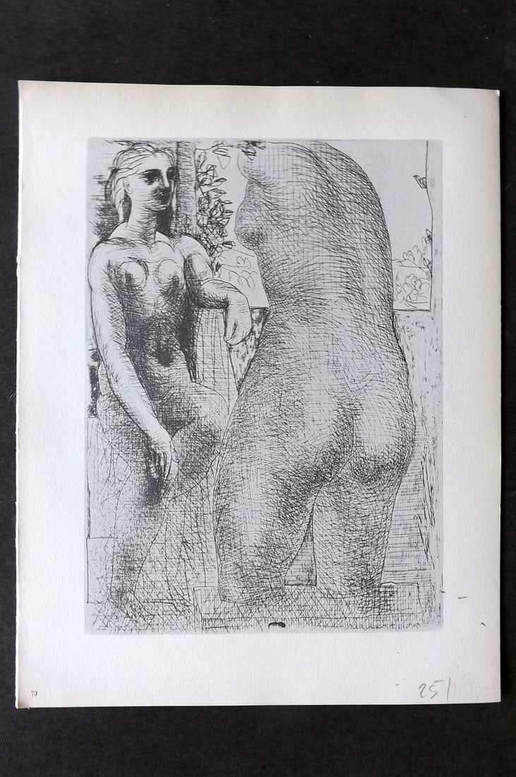 Picasso Vollard Suite 1956 Print. Model and Sculptured Female Torso 73: Vintage Photogravure Published 1956, London for "Picasso's Vollard Suite" First English Edition of 100 Etchings created by Picasso between 1930-37. Printed on Good Quality Paper in Germany. Paper Size
