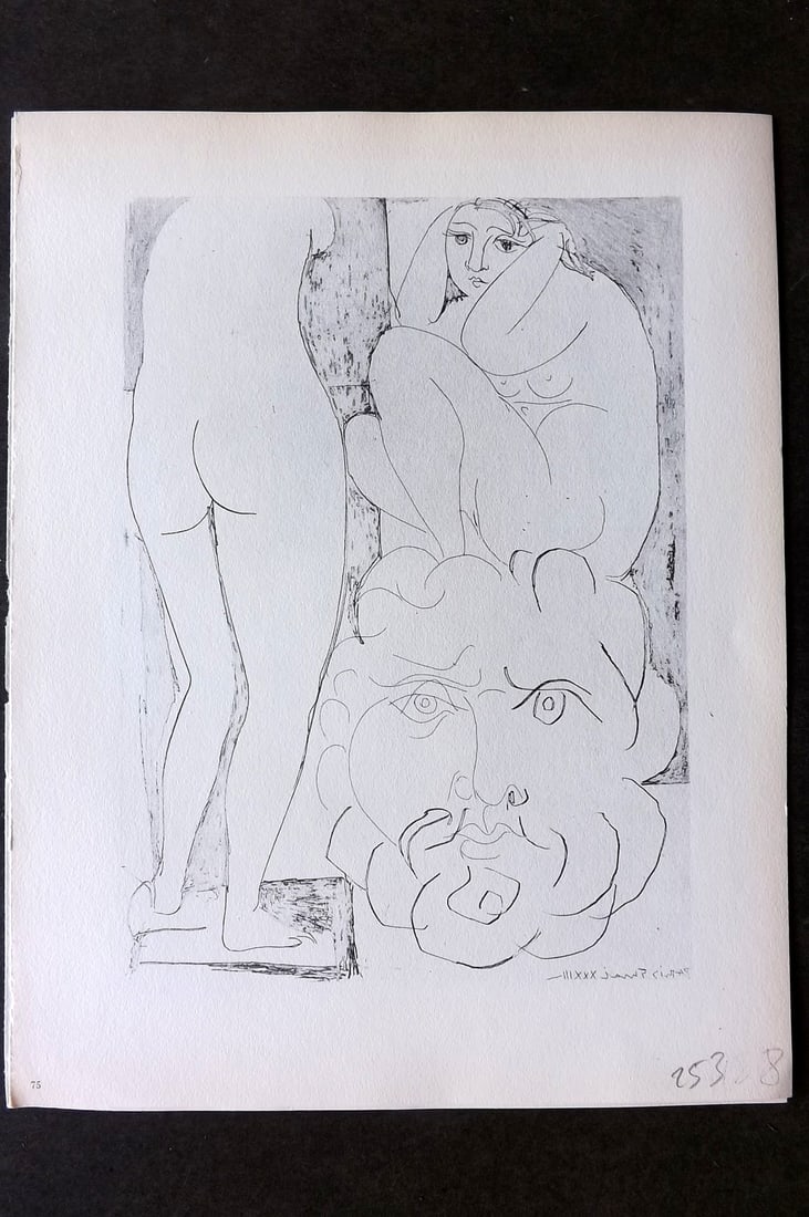 Picasso Vollard Suite 1956 Crouching Model, Nude and Sculptured Head 75: Vintage Photogravure Published 1956, London for "Picasso's Vollard Suite" First English Edition of 100 Etchings created by Picasso between 1930-37. Printed on Good Quality Paper in Germany. Paper Size