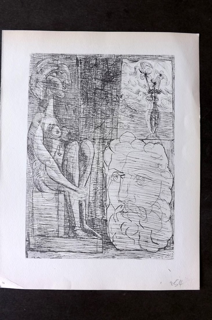 Picasso Vollard 1956 Sculpture of Seated Nude, Sculptured Head and Vase 76: Vintage Photogravure Published 1956, London for "Picasso's Vollard Suite" First English Edition of 100 Etchings created by Picasso between 1930-37. Printed on Good Quality Paper in Germany. Paper Size