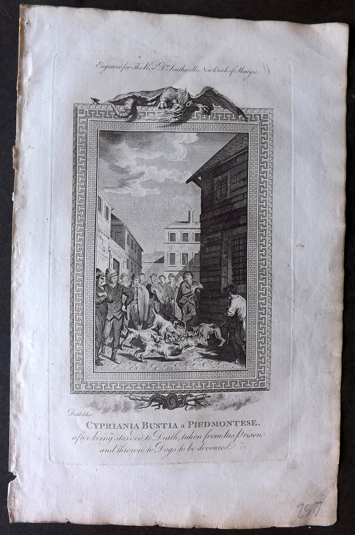 Southwell Book of Martyrs 1795 Folio Print. Edmundbury Godfrey a Zealous Protestant Magistrate.: Folio Copper Plate Published 1785, London for "The New Book of Martyrs" by Henry Southwell. Paper Size: 14.5 x 9 inch (37 x 23cm) Minor margin toning/staining and small margin tear. Otherwise Good Con