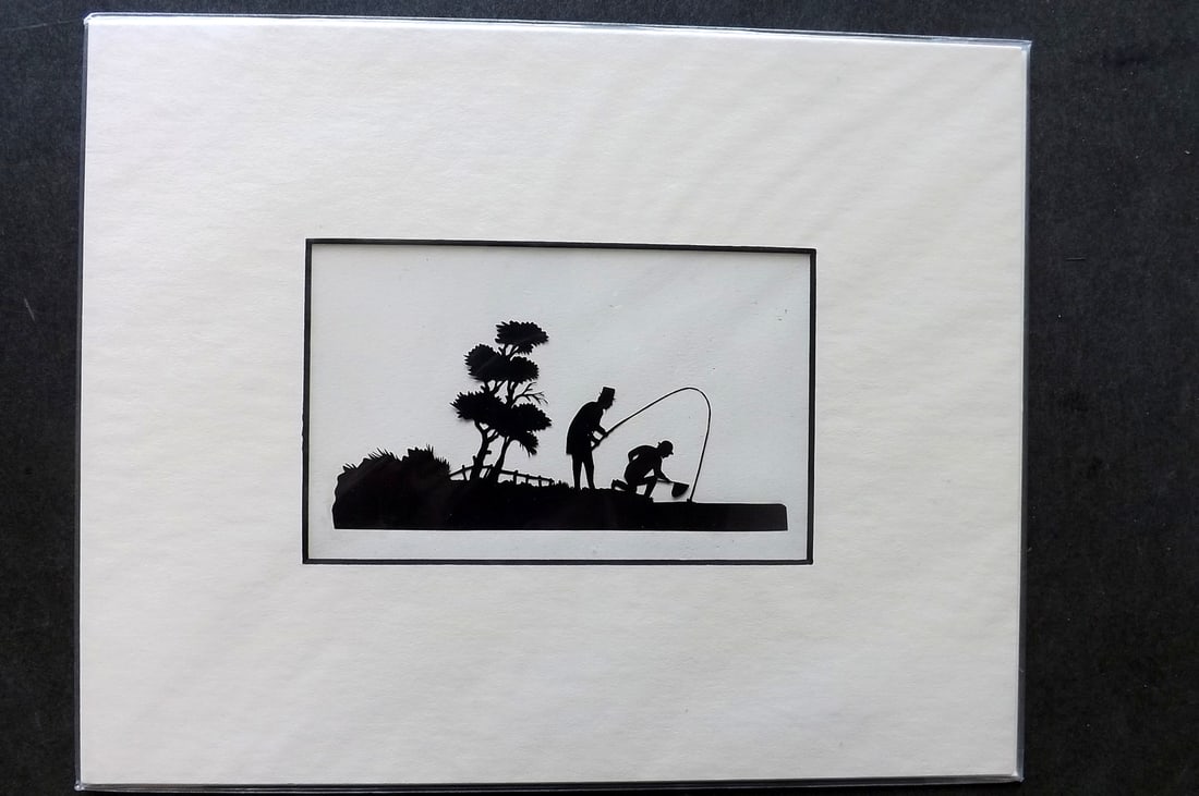 Victorian Scissor Craft C1880 Silhouette of Men Fishing: Hand Made Scissor Craft Silhouette made in England, C1880. Mounted/Matted. Overall Size including mount: 10 x 8 inch (26 x 20cm) Good Condition