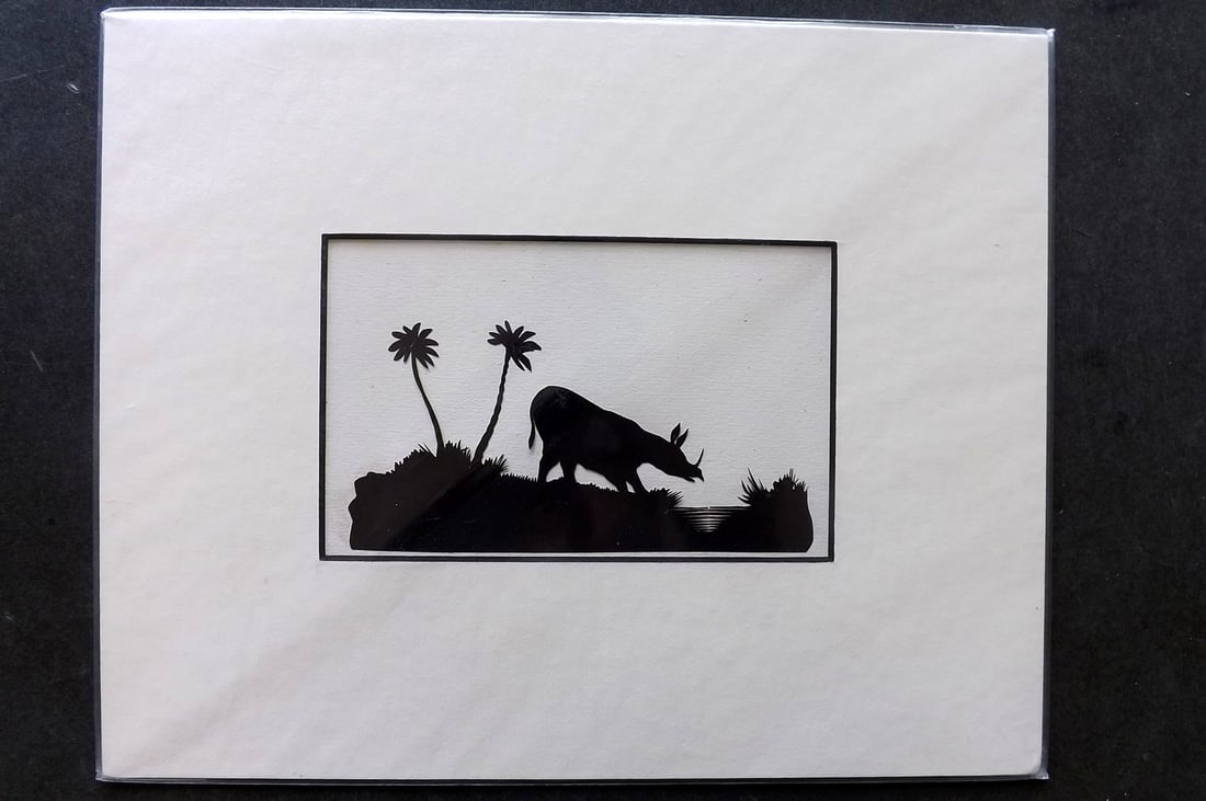 Victorian Scissor Craft C1880 Silhouette of a Rhino & Palm Trees: Hand Made Scissor Craft Silhouette made in England, C1880. Mounted/Matted. Overall Size including mount: 10 x 8 inch (26 x 20cm) Good Condition