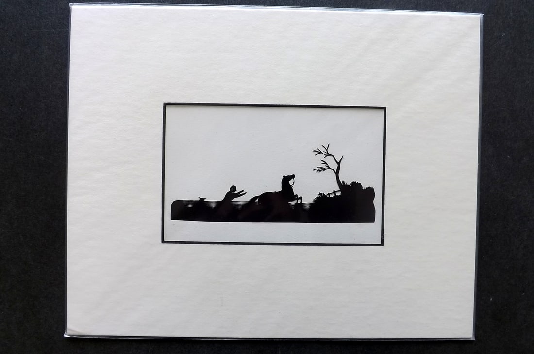Victorian Scissor Craft C1880 Silhouette of Man chasing Horse: Hand Made Scissor Craft Silhouette made in England, C1880. Mounted/Matted. Overall Size including mount: 10 x 8 inch (26 x 20cm) Good Condition