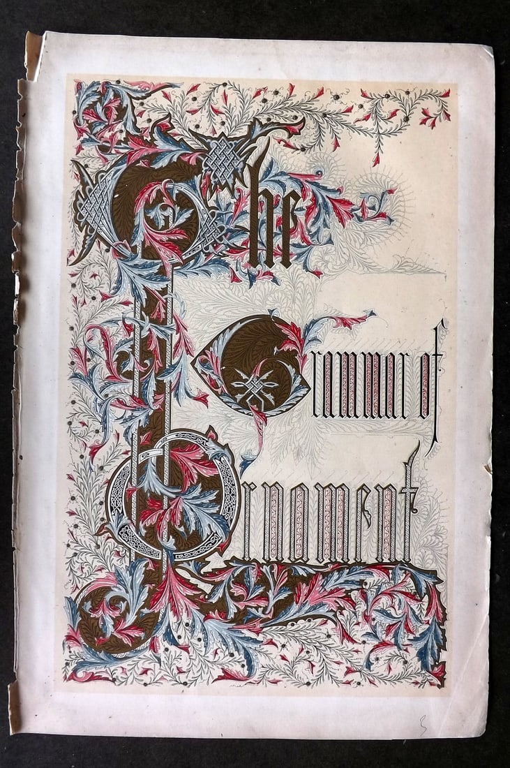 Jones, Owen 1868 Design Print. Illus. Title Page: Chromolithograph Published 1868 by Bernard Quaritch, London for "The Grammar of Ornament" by Owen Jones. Paper Size: 13 x 9 inch (33 x 23cm) Very minor water stain in top margin. Good Condition