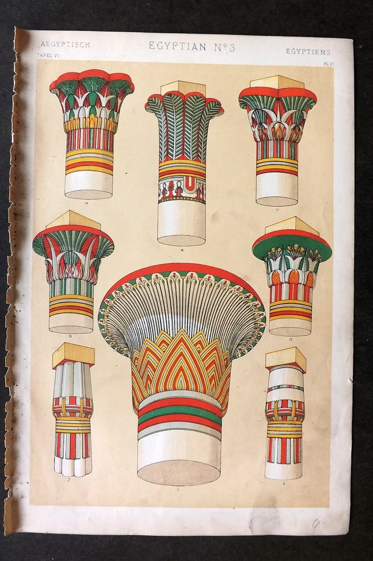 Jones, Owen 1868 Design Print. Egyptian No. 3: Chromolithograph Published 1868 by Bernard Quaritch, London for "The Grammar of Ornament" by Owen Jones. Paper Size: 13 x 9 inch (33 x 23cm) Good Condition