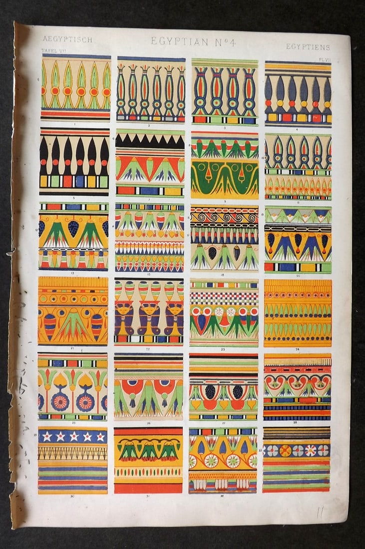 Jones, Owen 1868 Design Print. Egyptian No. 4: Chromolithograph Published 1868 by Bernard Quaritch, London for "The Grammar of Ornament" by Owen Jones. Paper Size: 13 x 9 inch (33 x 23cm) A few minor marks in left margin. Good Condition