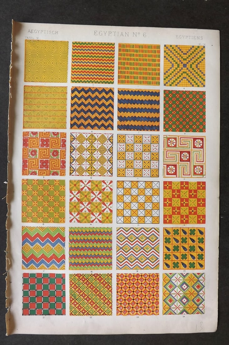 Jones, Owen 1868 Design Print. Egyptian No. 6: Chromolithograph Published 1868 by Bernard Quaritch, London for "The Grammar of Ornament" by Owen Jones. Paper Size: 13 x 9 inch (33 x 23cm) Good Condition